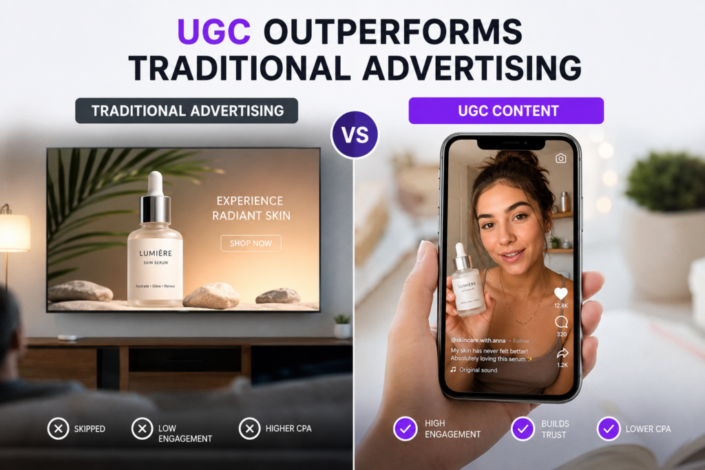 UGC vs Traditional Advertising comparison showing why user-generated content delivers higher engagement, builds trust, and lowers advertising costs.
