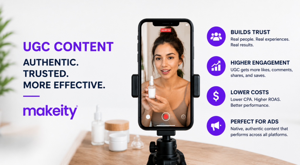 UGC content marketing illustration showing a creator recording product content for social media and highlighting the benefits of user-generated content for brands.