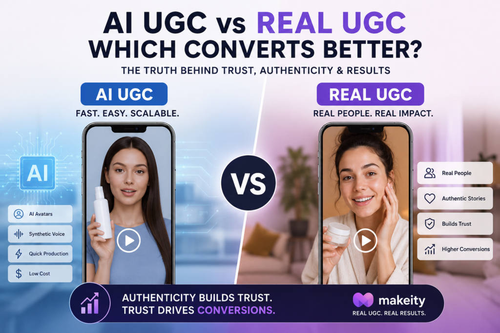 AI UGC vs Real UGC comparison showing authenticity, trust and conversion differences