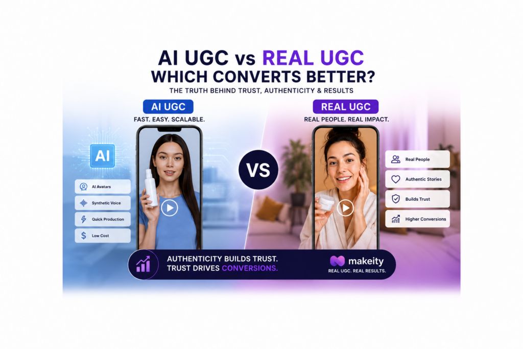 AI UGC vs Real UGC comparison showing authenticity, trust and conversion differences