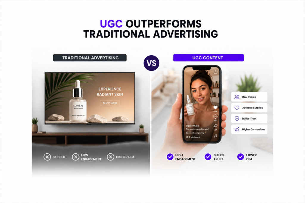 UGC vs Traditional Advertising comparison showing why user-generated content delivers higher engagement, builds trust, and lowers advertising costs.