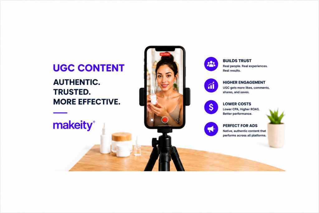 UGC content marketing illustration showing a creator recording product content for social media and highlighting the benefits of user-generated content for brands.